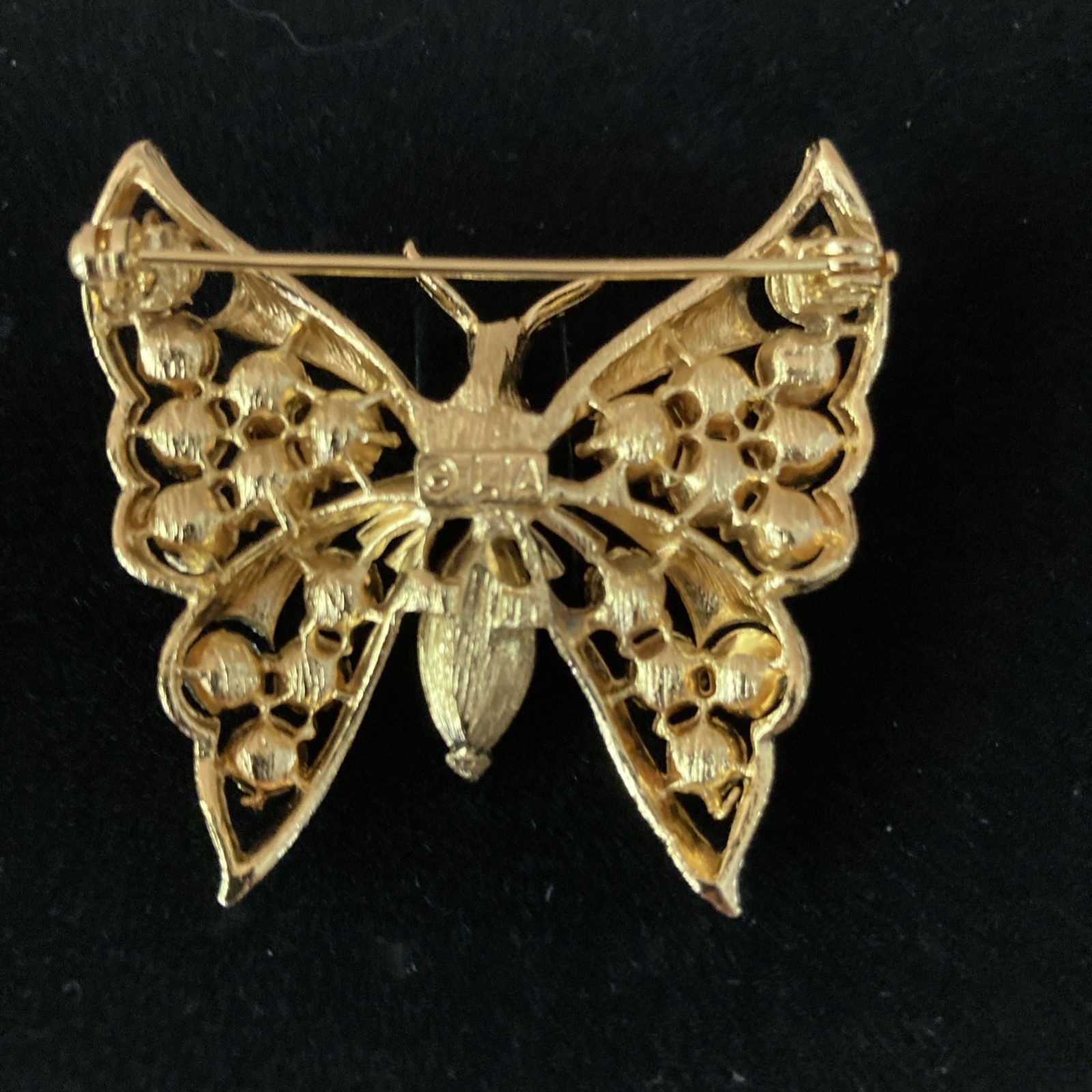 Butterfly Brooch Rhinestone Blue Gold Tone Vintage Lia Signed Bug Pin