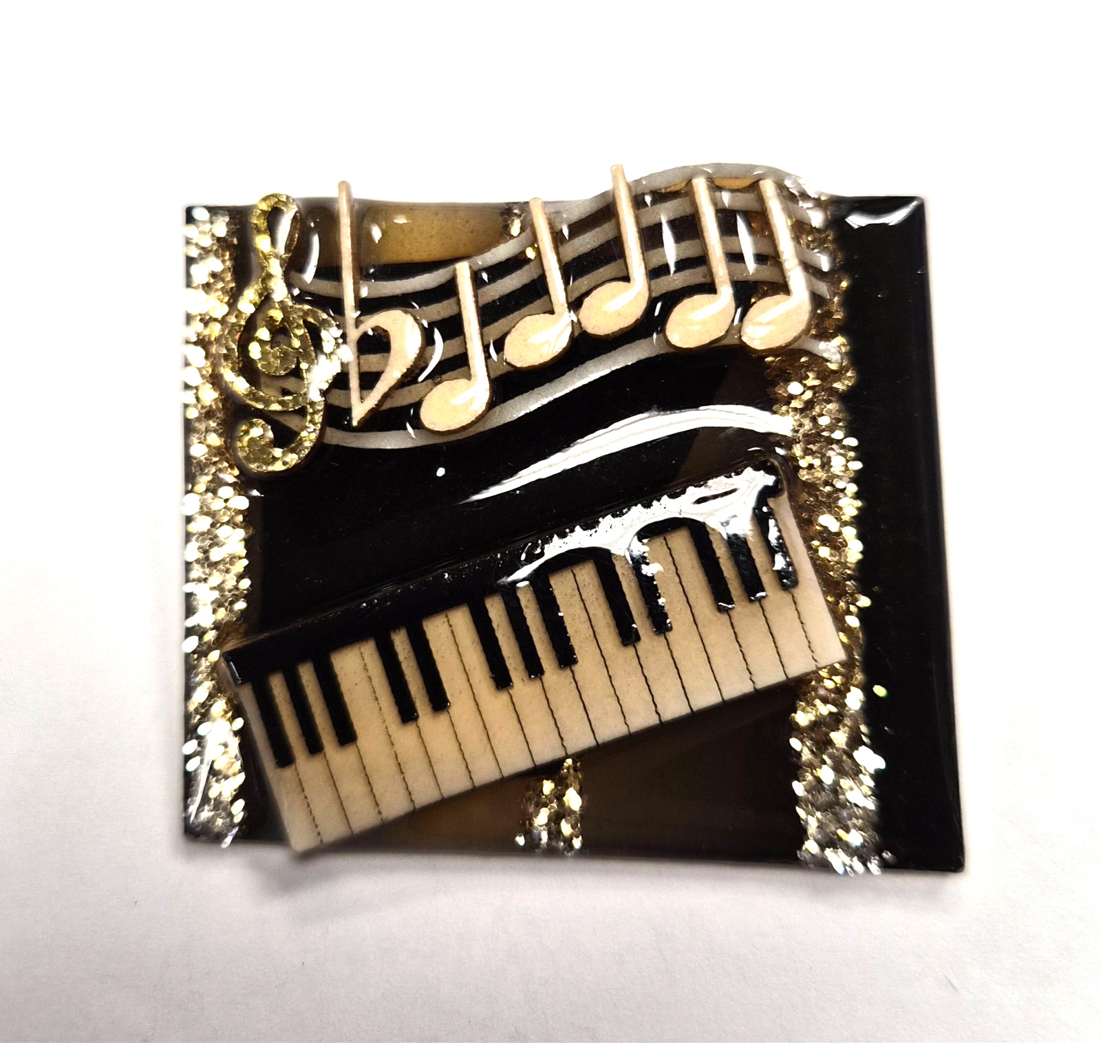 Vintage Music Pins by Lucinda Piano Keyboard Gold Glitter Notes Pin / Brooch