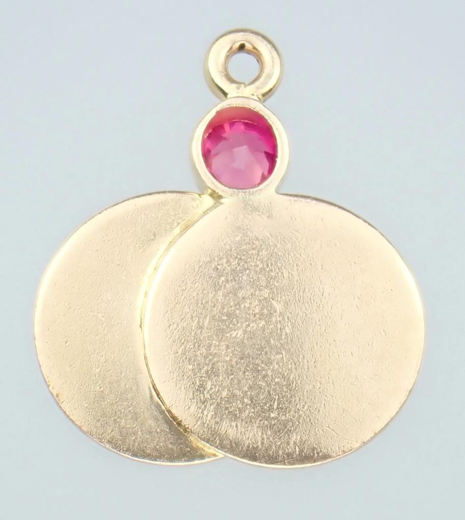 Pretty Vintage Solid 14K Gold Lab Created Ruby Medallions ‘1970’ Charm Pendant