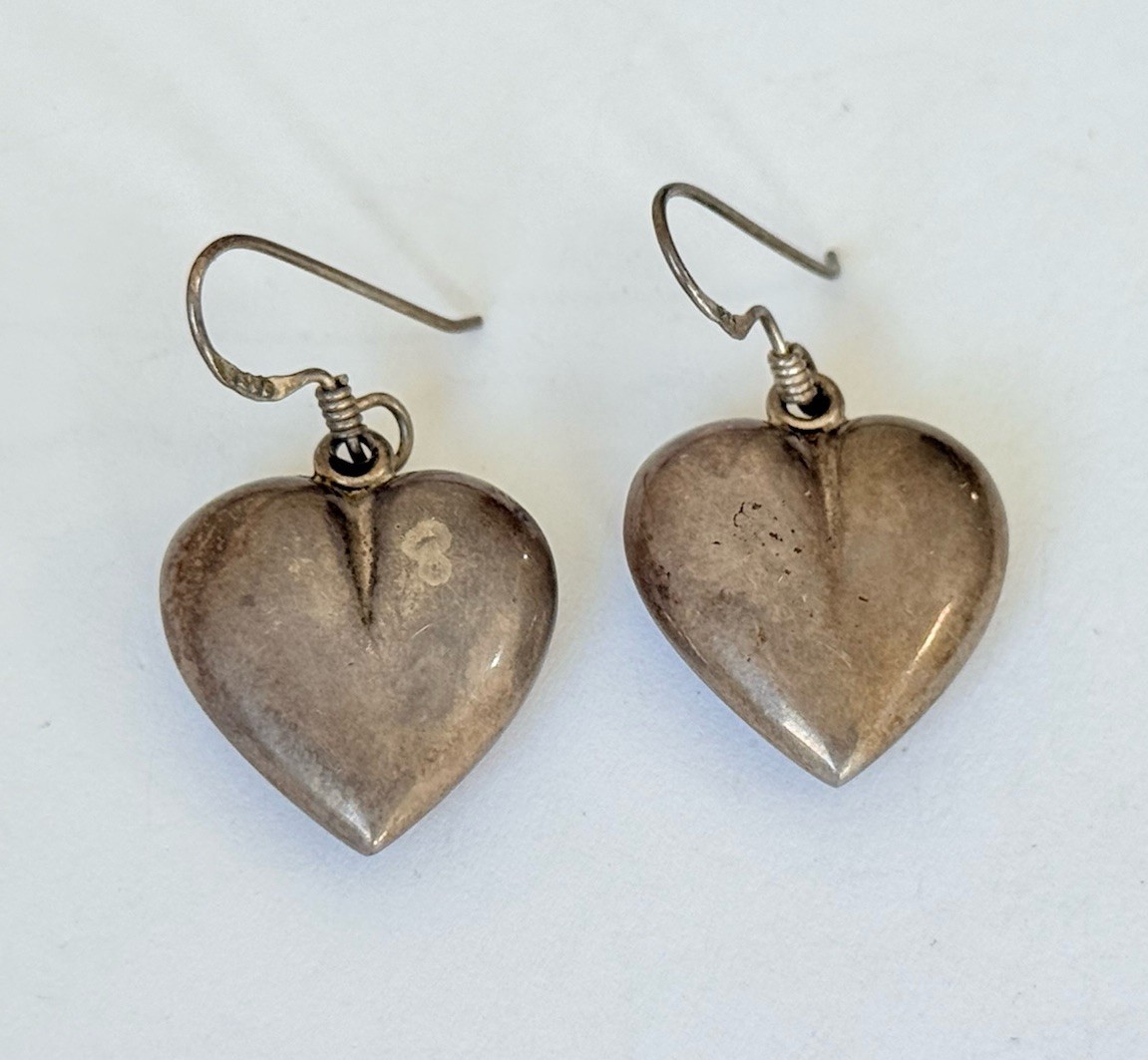 Vintage Sterling Silver 925 Puffy Heart Drop Dangle Hook Earrings