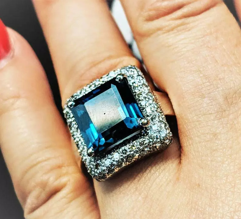 Huge 7.98CT Asscher Cut Teal Peacock Blue Spinel & White CZ 925 SS Wedding Ring