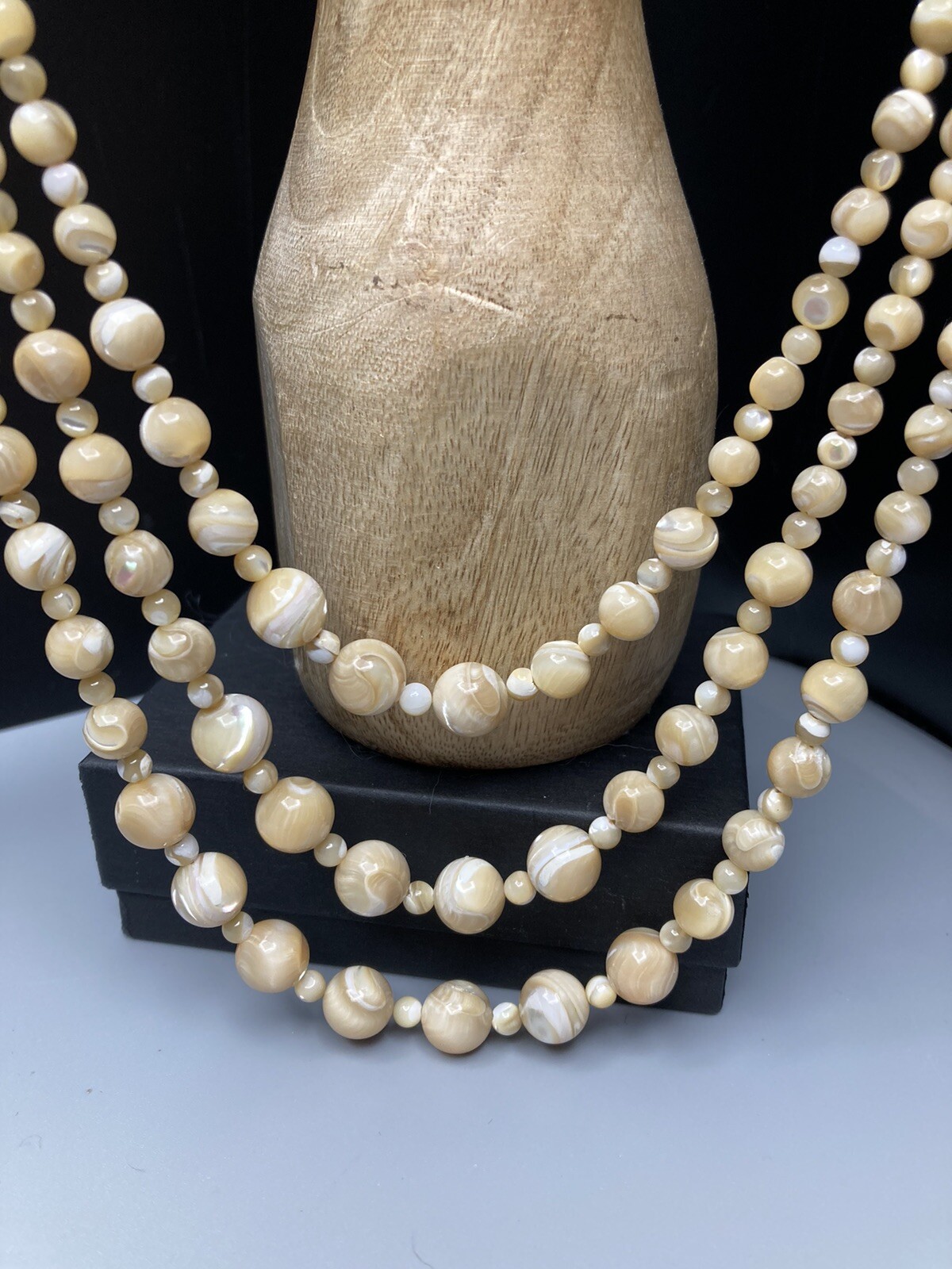 Mother of Pearl Necklace 3 Strand VTG Hand Knotted No Clasp 28.5in 97g 2” Drop