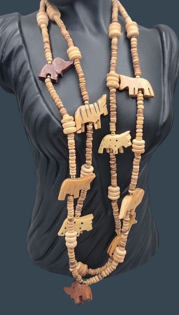 Vintage Double Strand Hand Carved Wooden Safari Animal 16″ Statement Necklace
