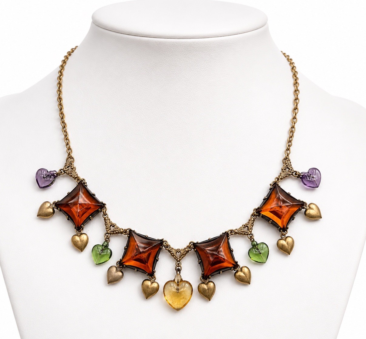 Vtg Art Glass Works Studio Brass Heart Charm Statement Necklace Amber Multi
