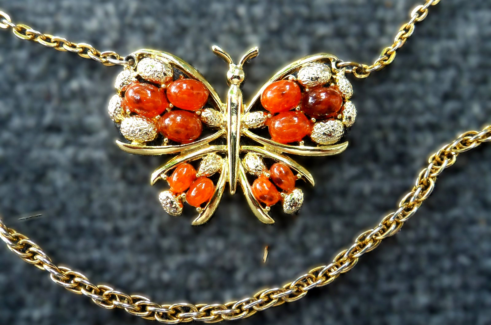 Vintage Butterfly Pendant Necklace 18″ Double Chain Amber Stones