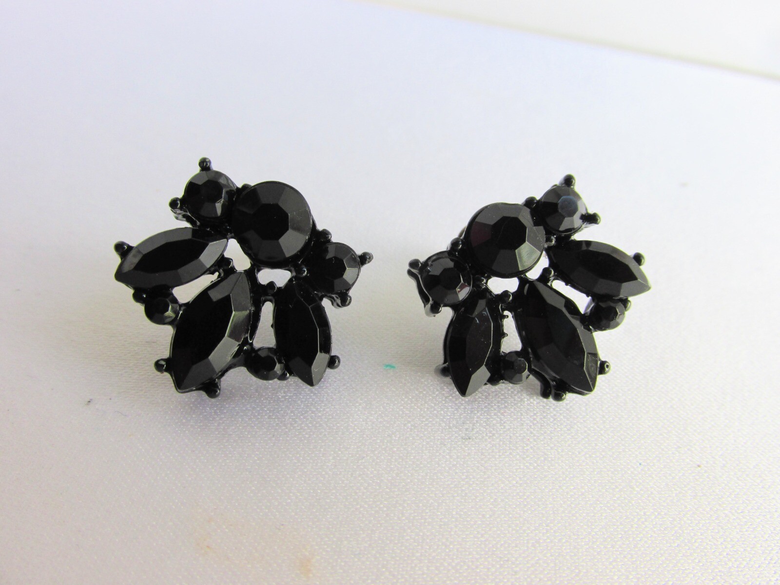 Vintage Black Rhinestone Pierced Earrings Black Enamel Finish