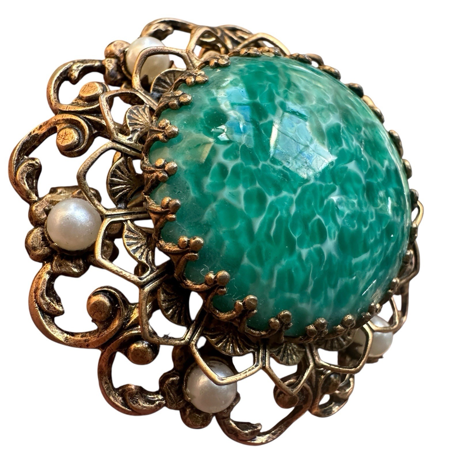 VTG Brooch Pendant 1.75 Inch Green Peking Art Glass Filigree Faux Pearl Gold
