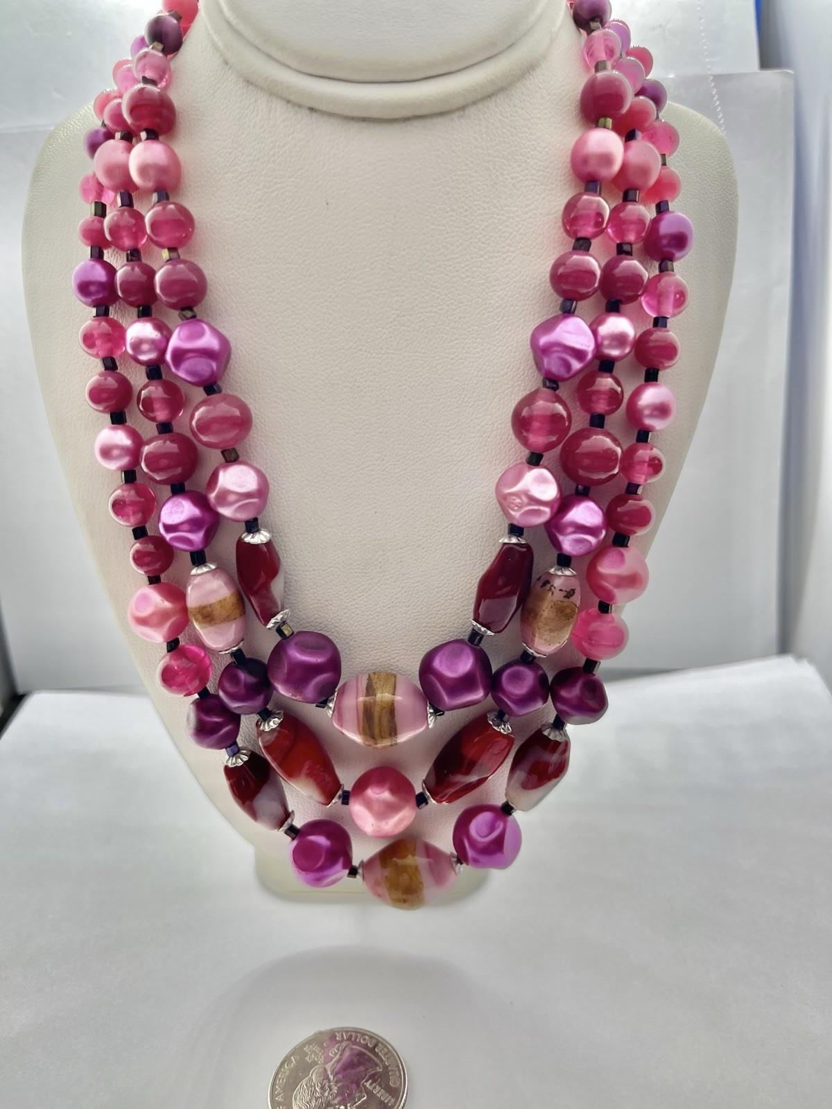 Vintage 3 Strands Art Glass & Lucite Beads Pink Red Brown Purple Silvertone 15”
