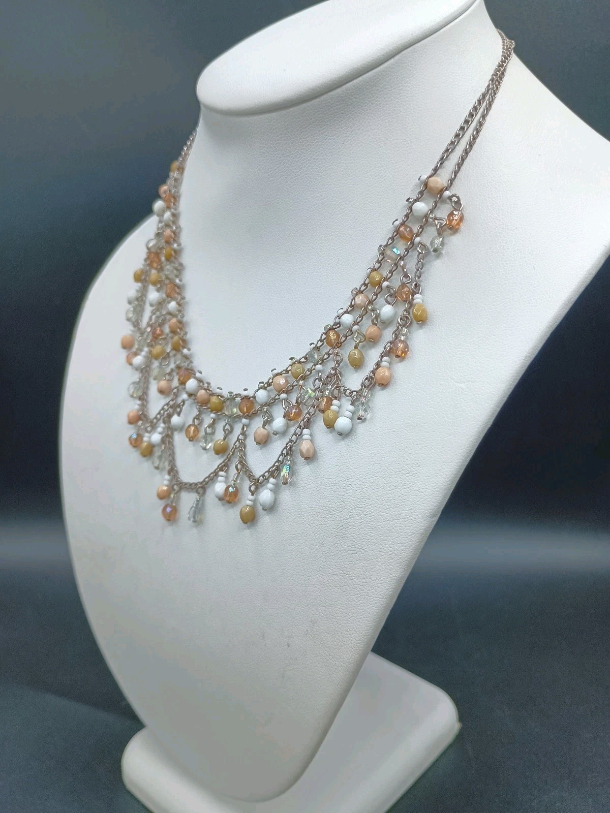 Art Deco Revival Necklace Festoon Gothic Fringe Bead Bib AB Fall Silver Tone 16″
