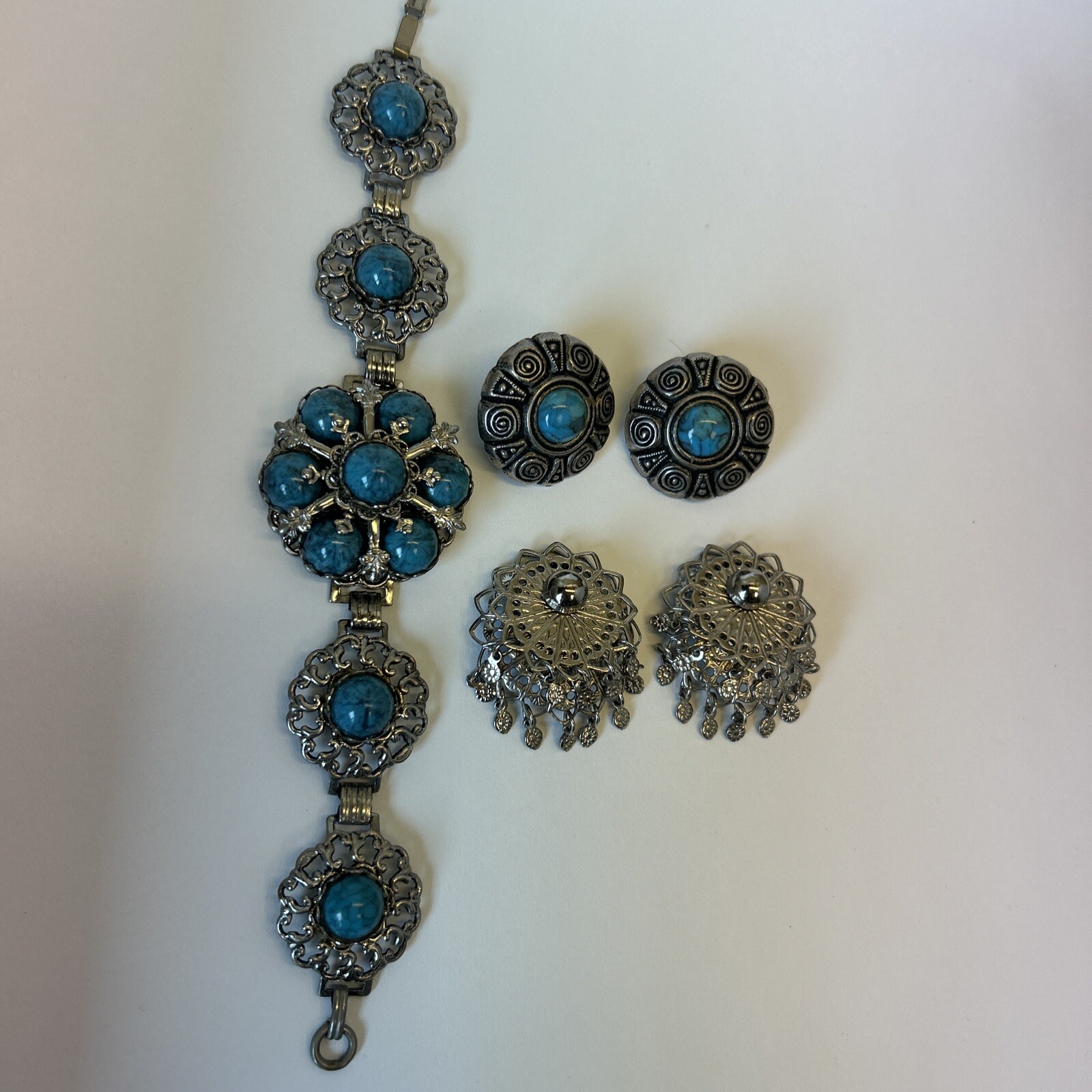Faux Turquoise Bracelet 2 Earrings Silver Tone Southwestern Boho Tribal Filigree