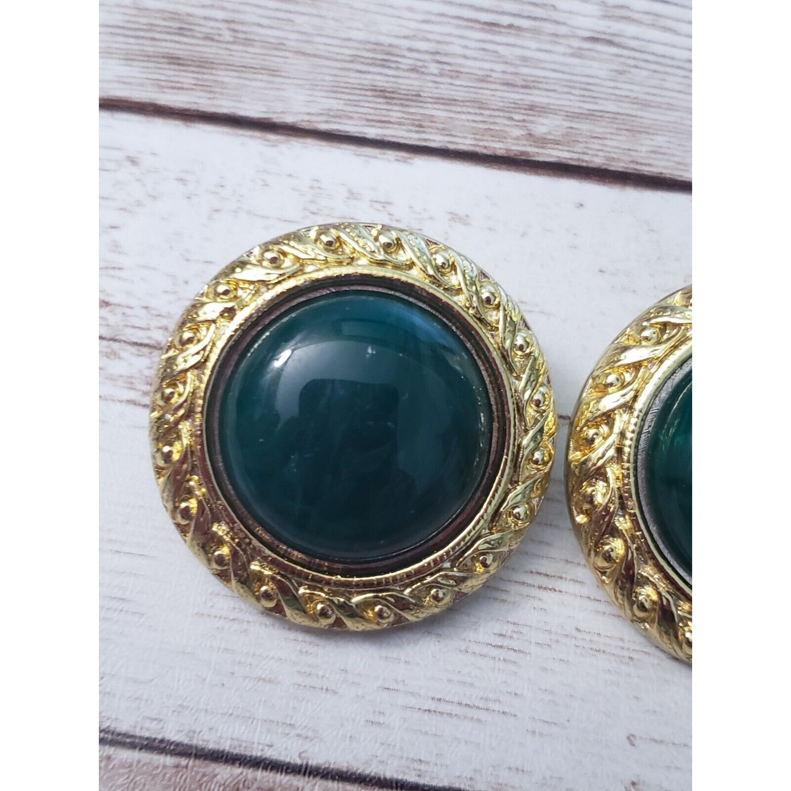 Vintage Clip On Earrings Dark Green Center with Gold Tone Halo Statement