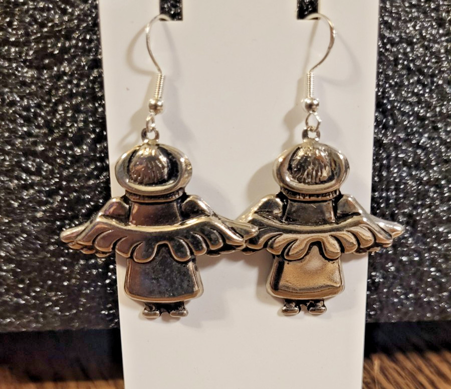 Vintage Sterling Silver 925 Angel Dangle Earrings Textured Wings Folk Art