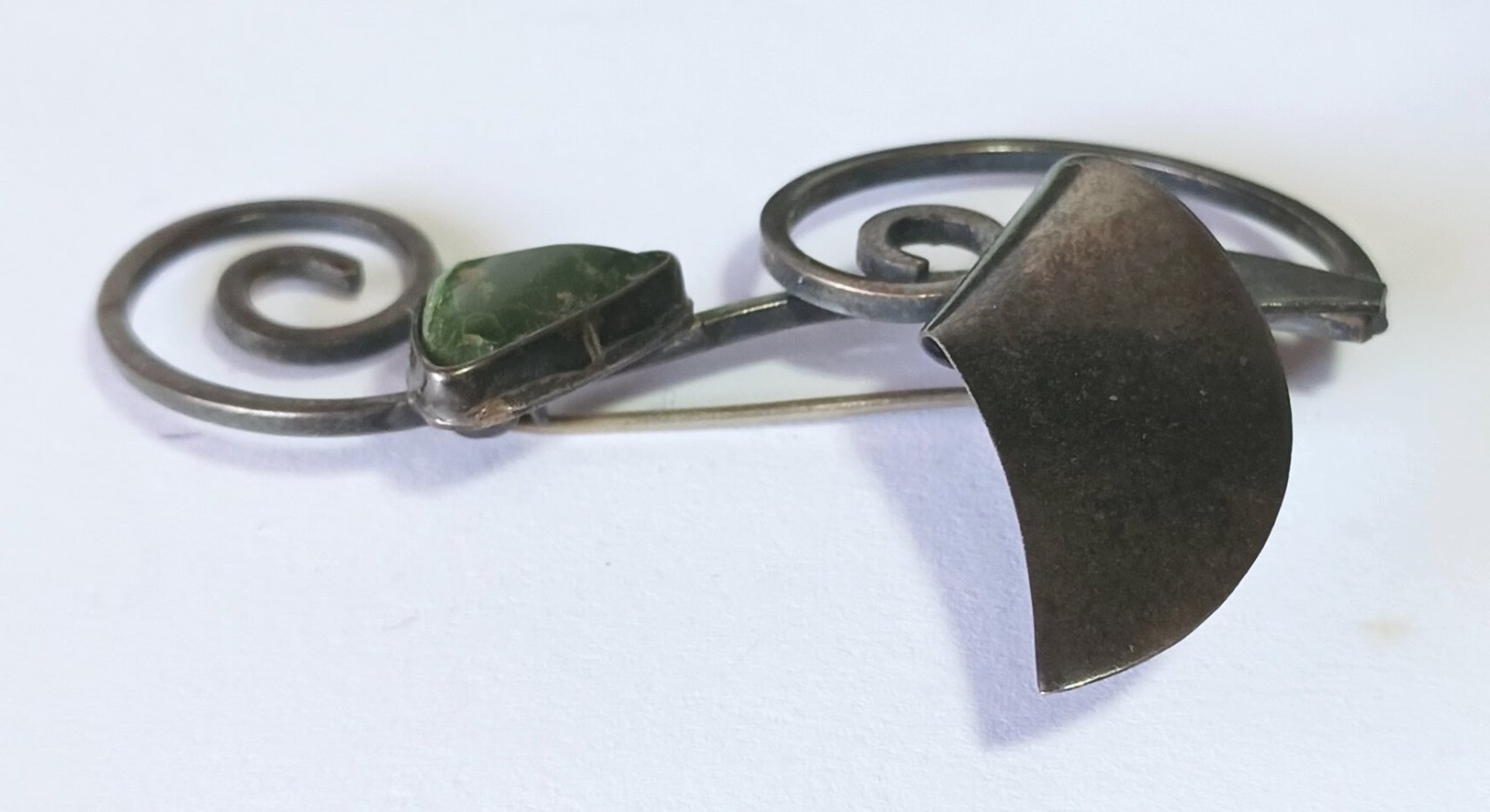 Vintage Dark Metal Swirls Brooch w/ Triangular Dark Green Stone (Jade? Agate?)