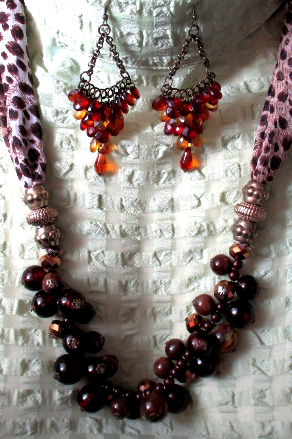 Elegant Golden Brown Aurora Crystal & Acrylic Bead Necklace & Pierced Earrings