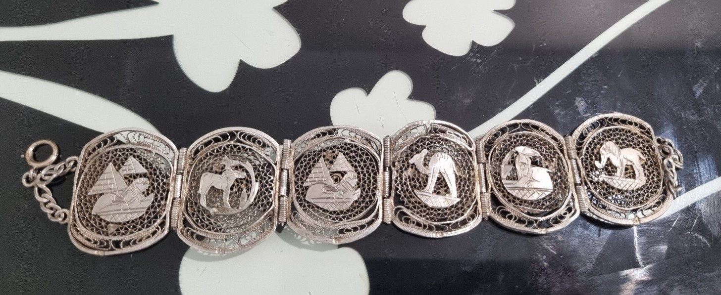 Vintage 12k White Gold Fill Sterling Egyptian Theme Filigree Bracelet See Video