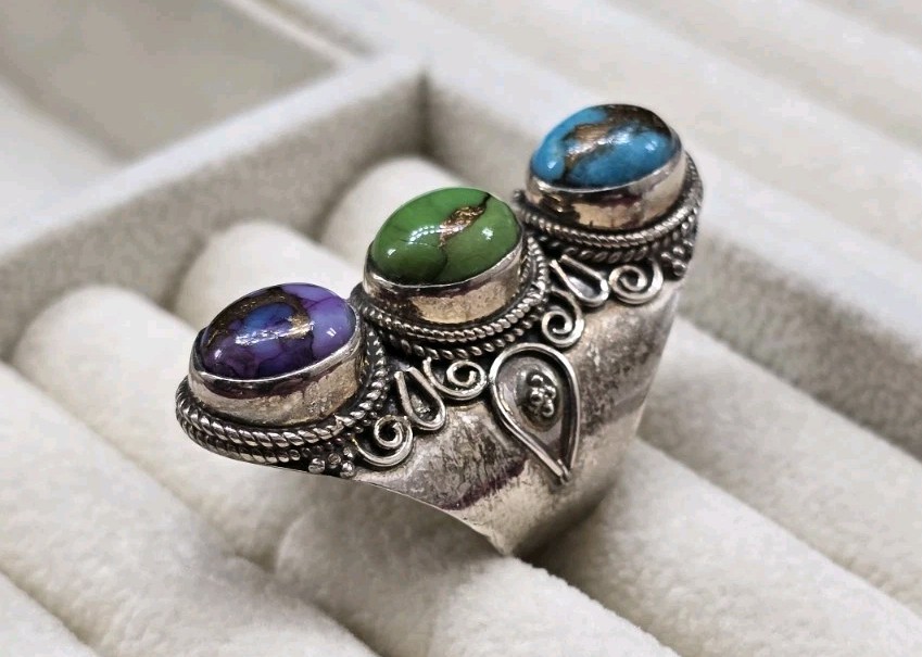 Vtg Blue, Purple & Green Copper Turquoise 925 Sterling Silver Handmade Ring Sz 6