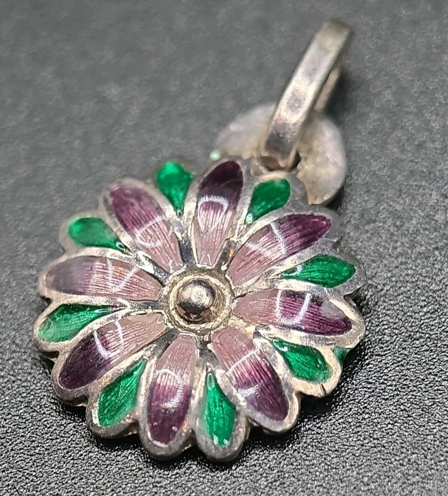 ​Vtg Mexico 980 Silver Enamel Flower Pendant Purple Green Daisy Taxco…