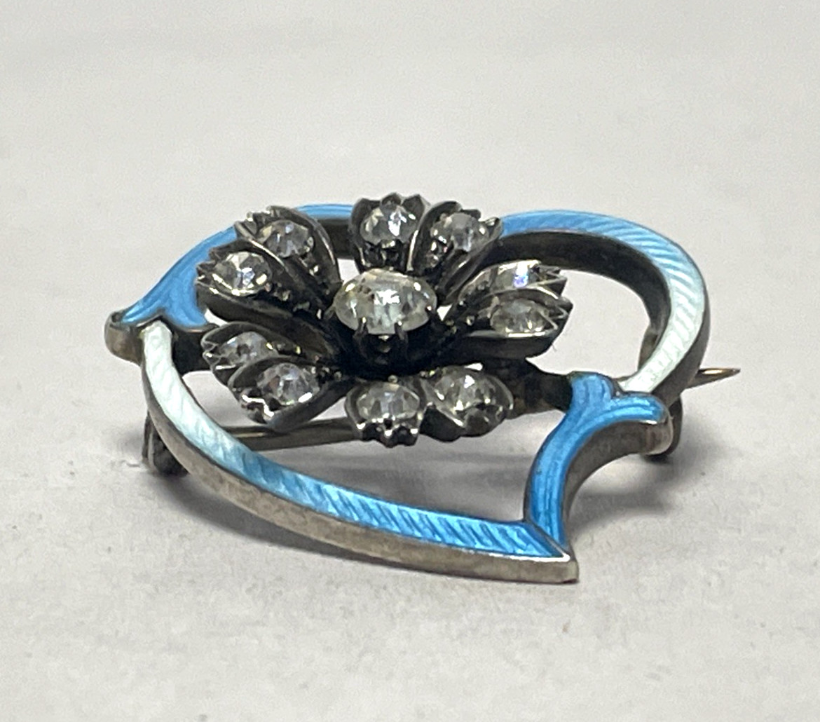 Antique Victorian Edwardian British Silver Paste Witch’s Heart Brooch Enamel 1″