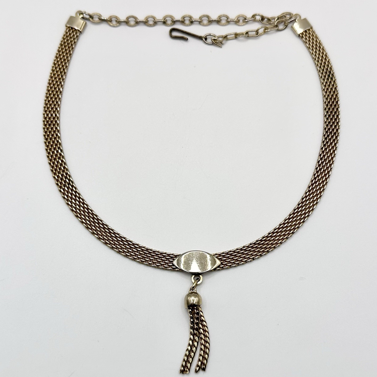 Vintage Signed Judy Lee Necklace Gold Tone Mesh Tassel Dangle Chain 13-16”