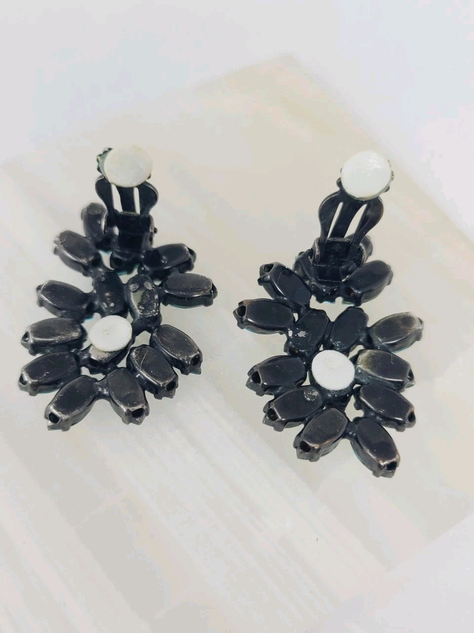 Vintage La Roco Blue Rhinestone Clip On Earrings Black Japanned 1 5/8″