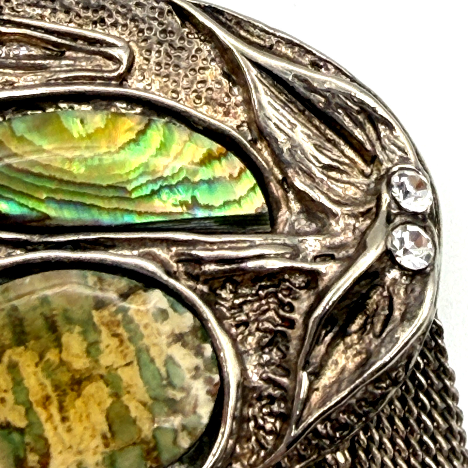 Vintage Modernist Art Nouveau Abalone Shell Waterfall Brooch Pin Fringe Chain