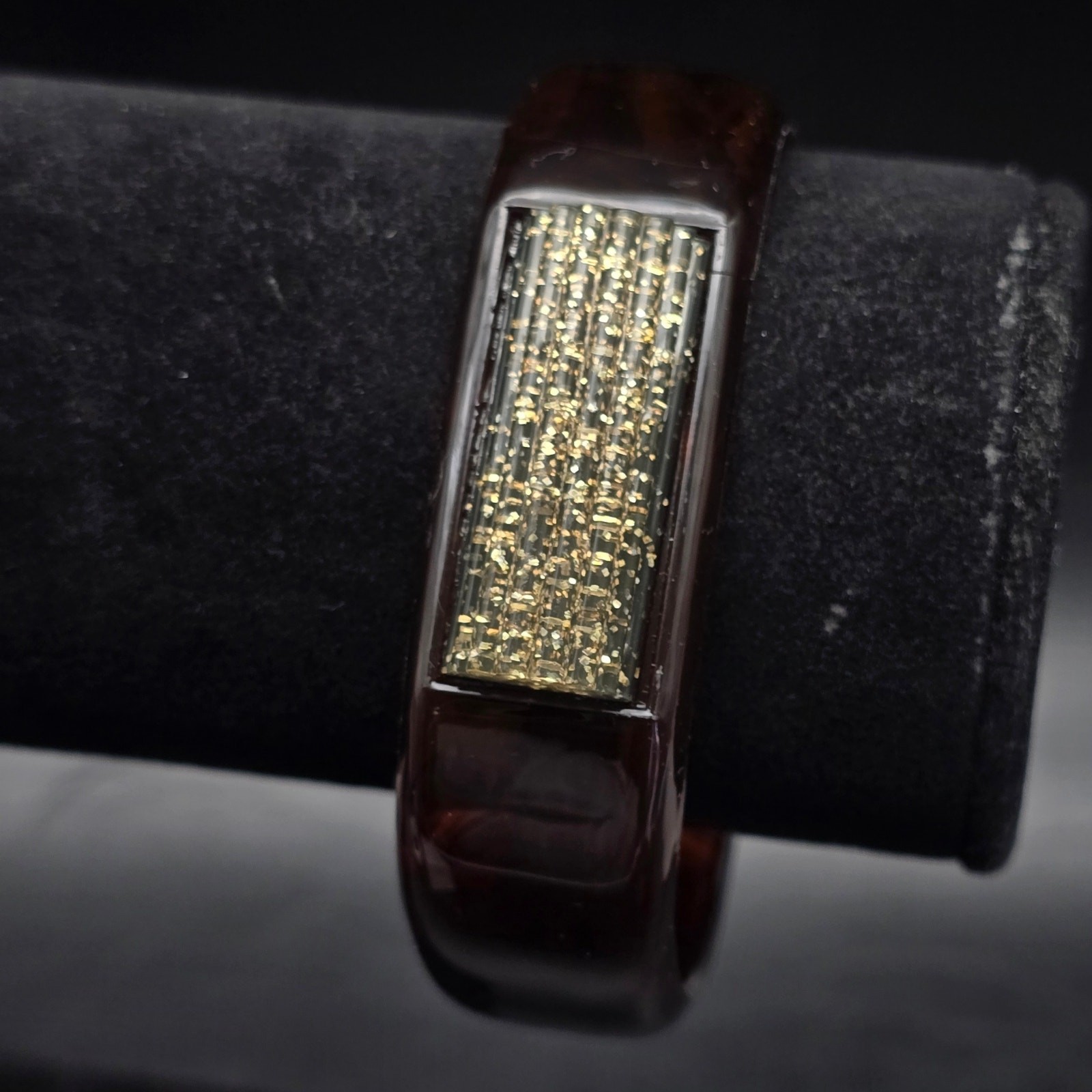 Brown Faux Tortoise Shell Bangle Bracelet with Gold Tone Glitter Accent Vintage