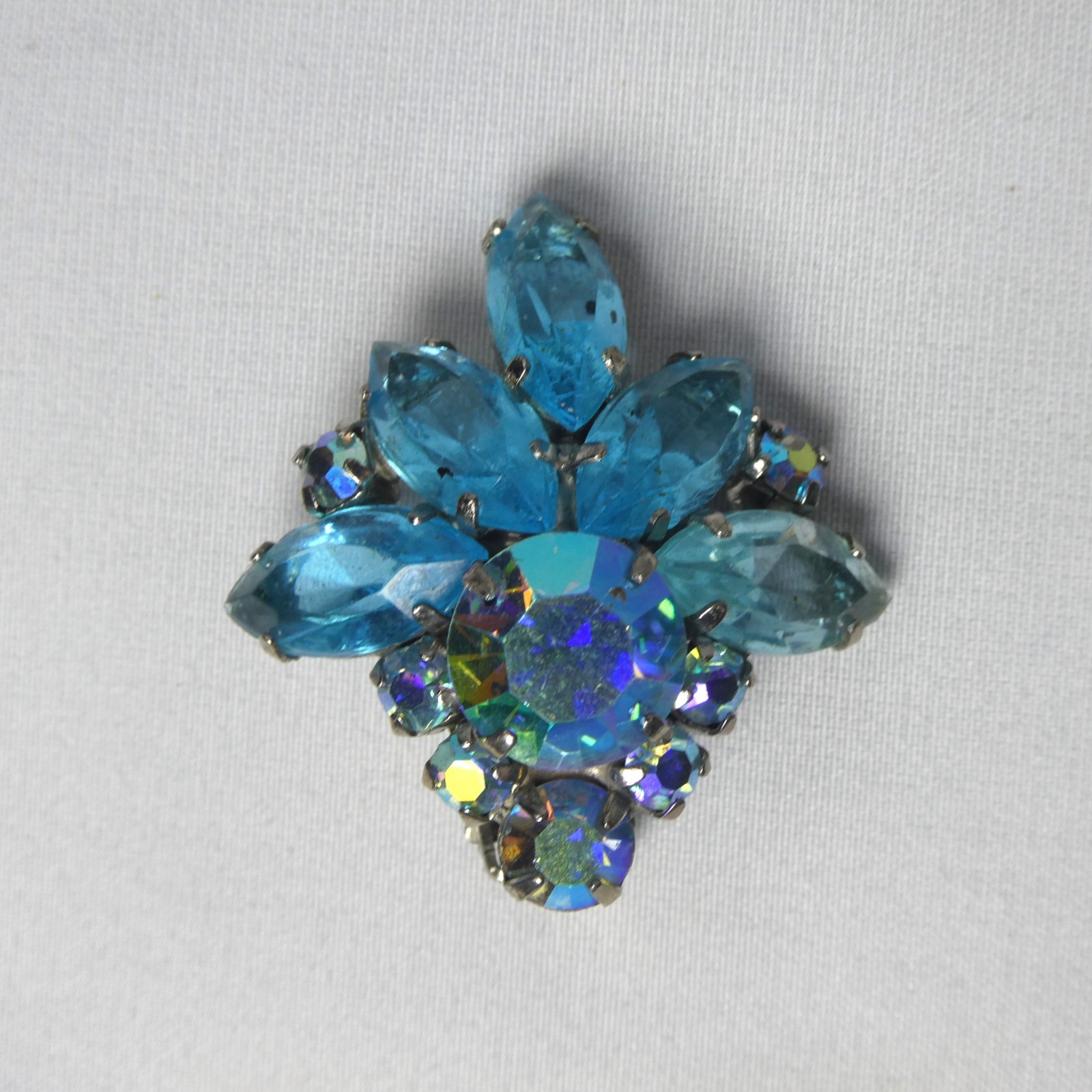 Borealis & Blue Crystal Silver Tone Setting Ear Clips Canada circa 1950s Costume