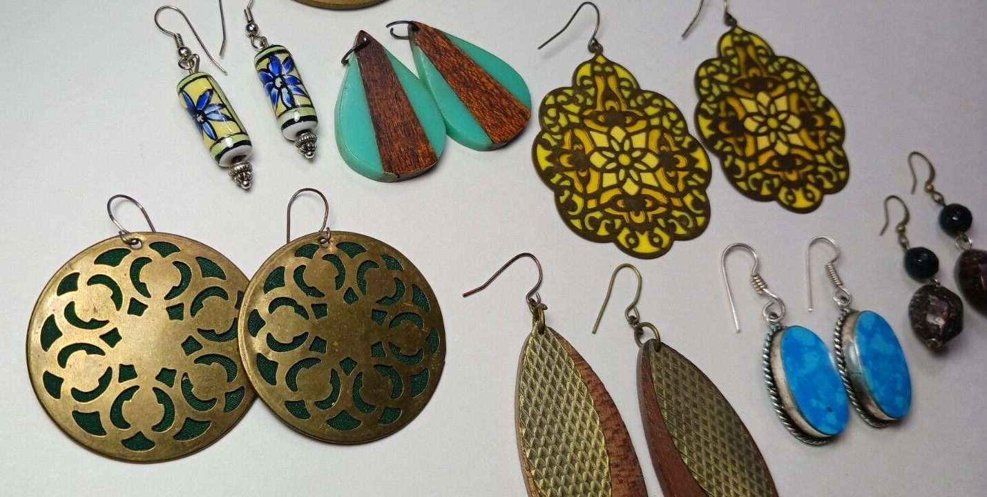 Lot of 8 Pairs Earrings + Crafts Vintage Pierced Wire Hooks Boho Wood Ceramic