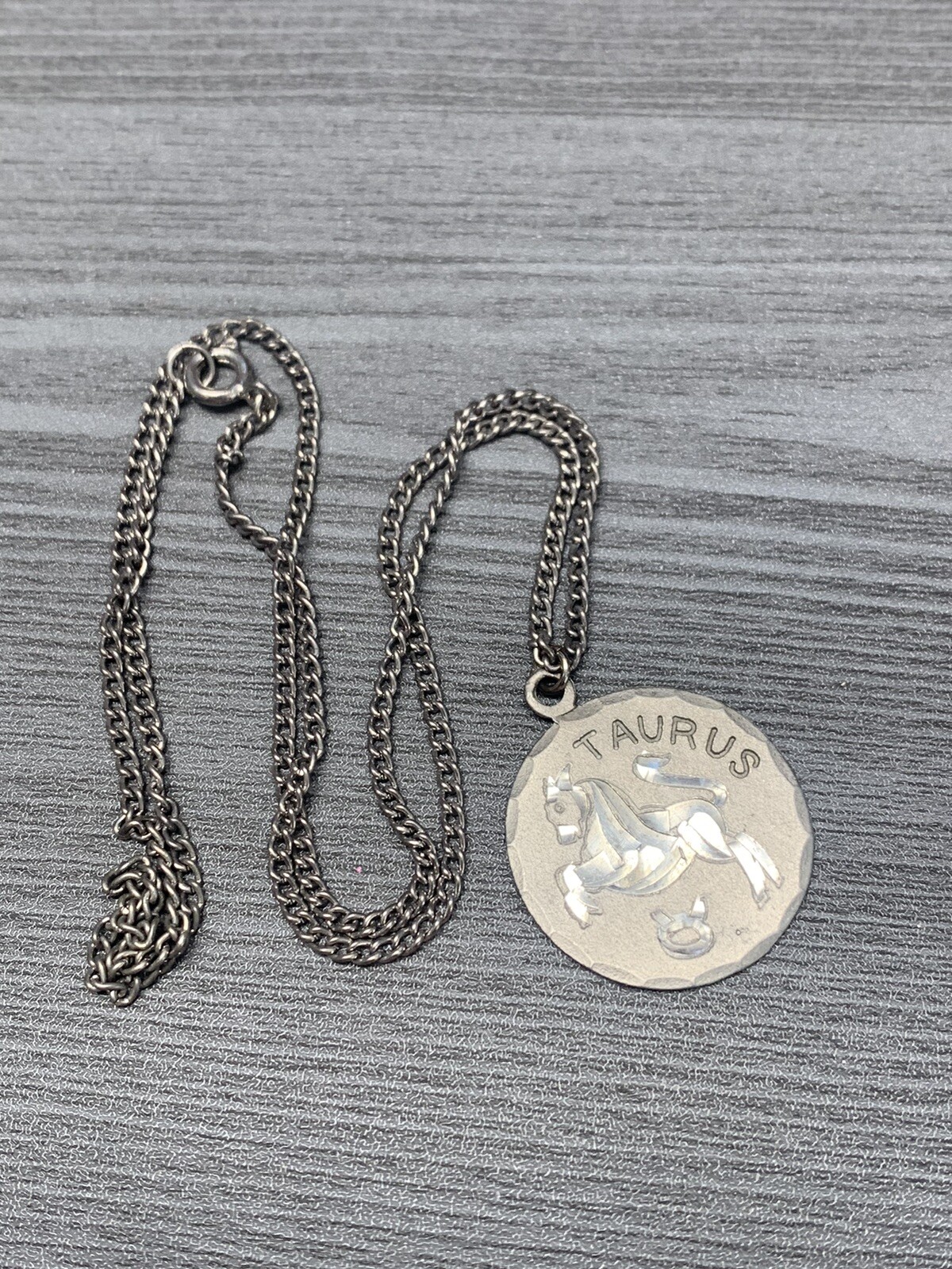 Vintage Pewter BDA Zodiac astrology Taurus Bull Engraved Pendant Necklace 18”