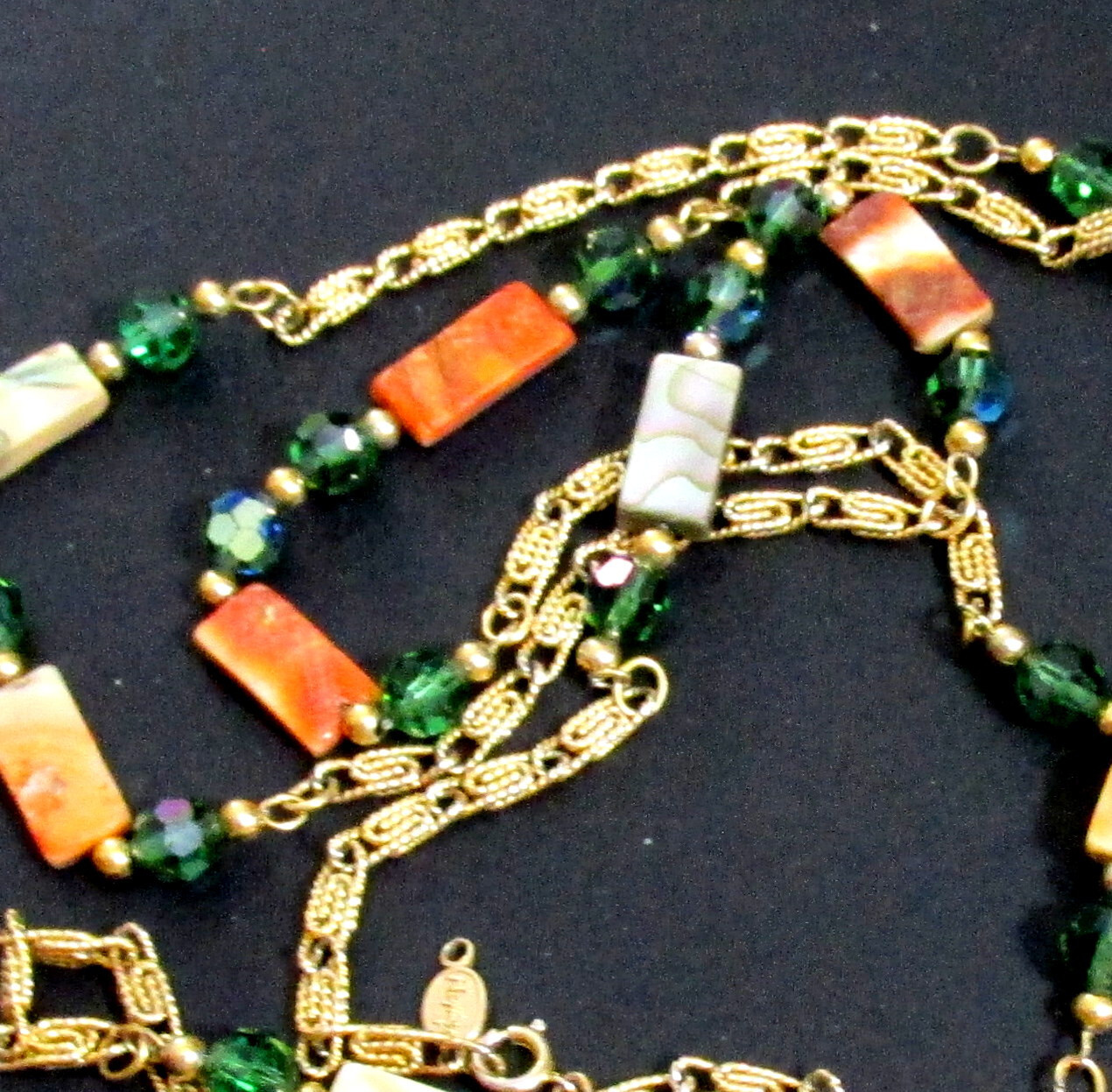 VTG RUNWAY NAPIER 60″ CHAIN ABALONE MOP GREEN CRYSTAL BEAD NECKLACE BOOK PIECE