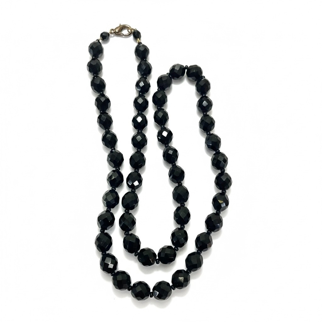 Vintage Black Faceted Glass French Jet Bead Mourning Necklace 25″ 64g
