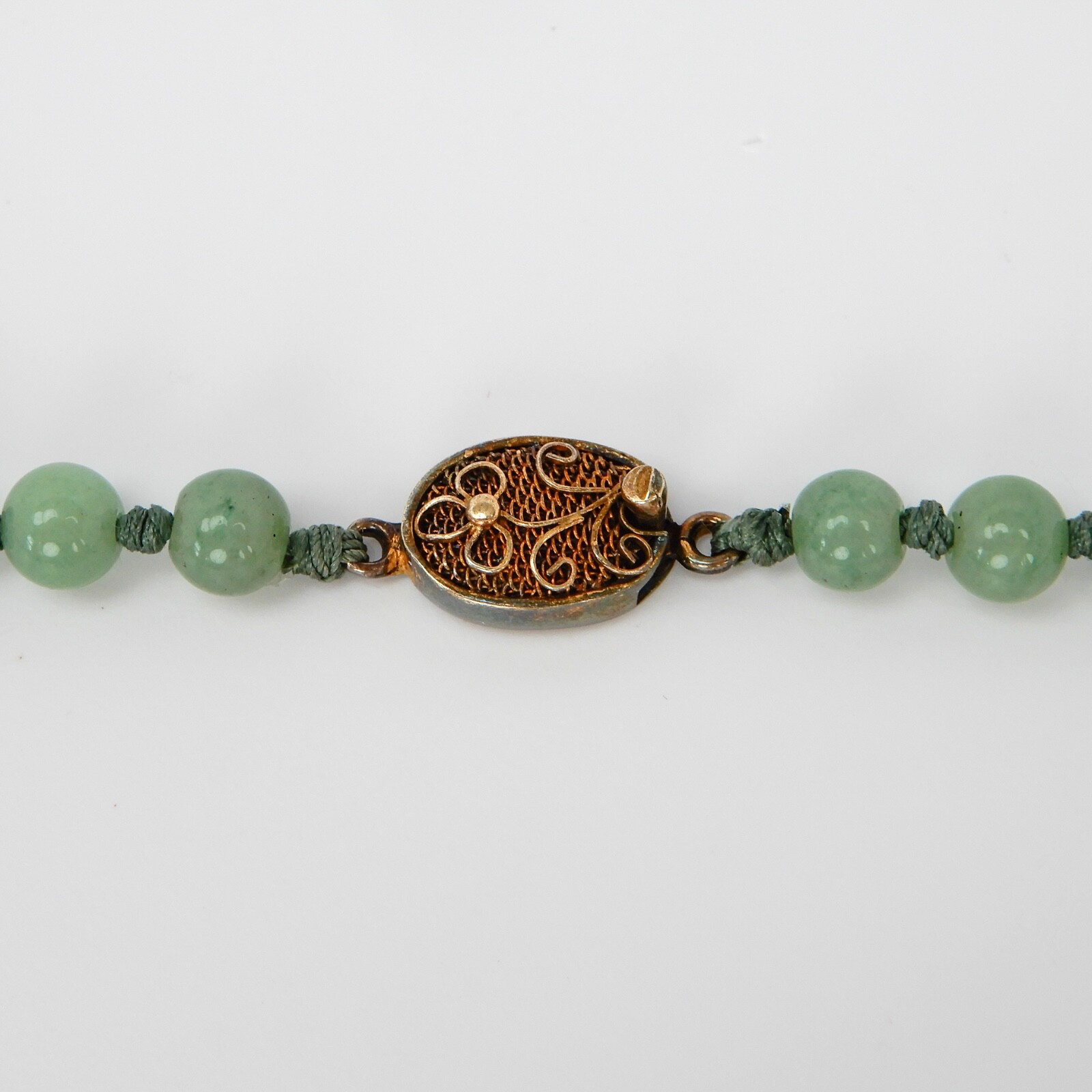 Vintage Green Jade Knotted Graduated Bead Necklace 23” 925 Silver Filigree Clasp