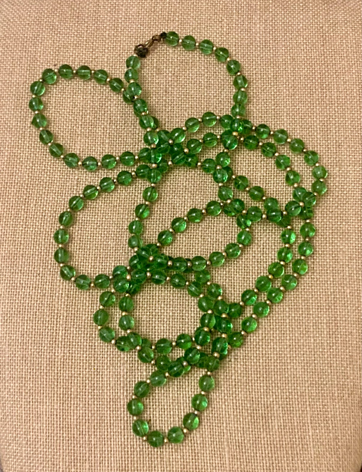 Vintage Glass Beaded Necklace Green Gold Tone 59″ Flapper