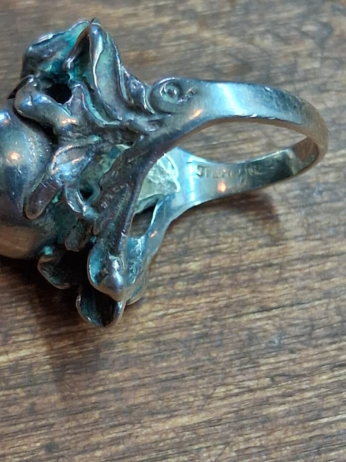 Vtg Sterling Silver Jens Petersen Art Nouveau Poppy Flower Perfume Orb Ring 2.75