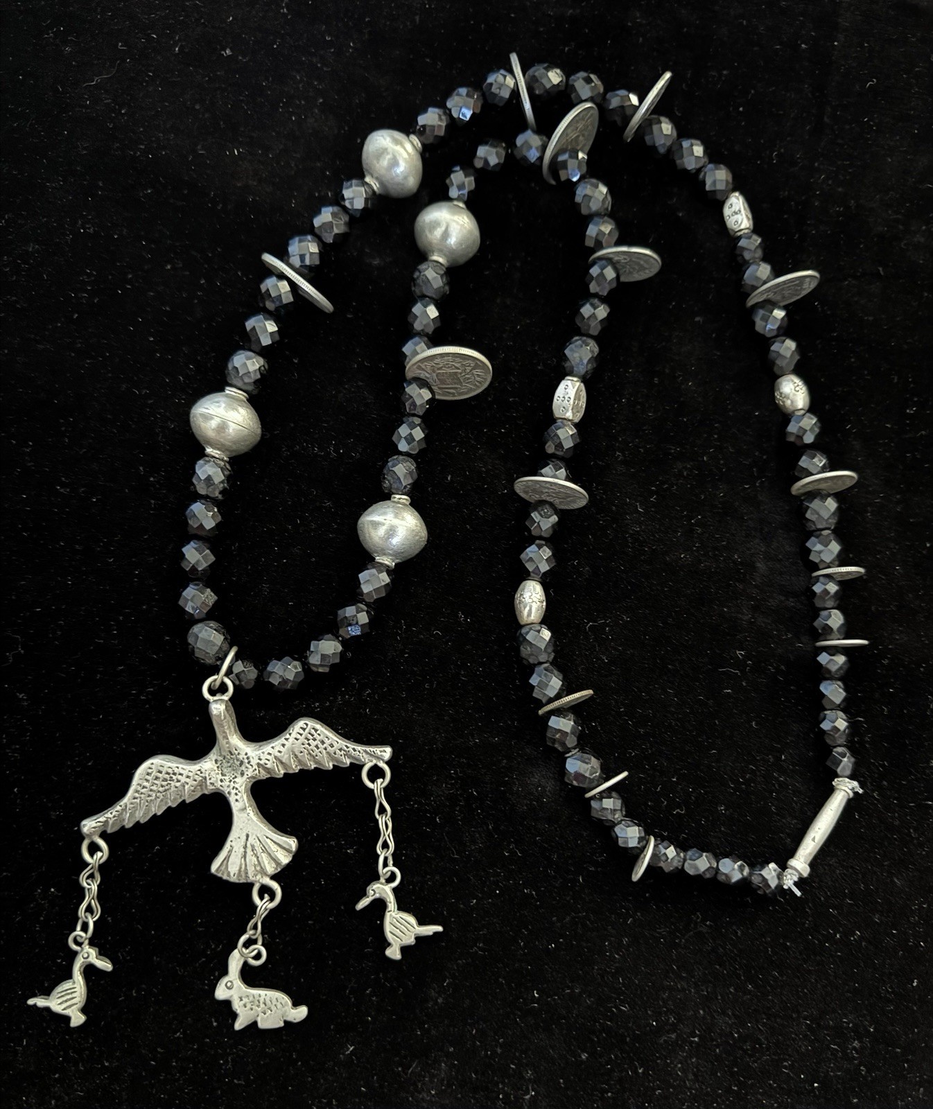 Antique Silver Cross Milagro Charm Necklace, Guatemalan Coins, Black Jet Beads