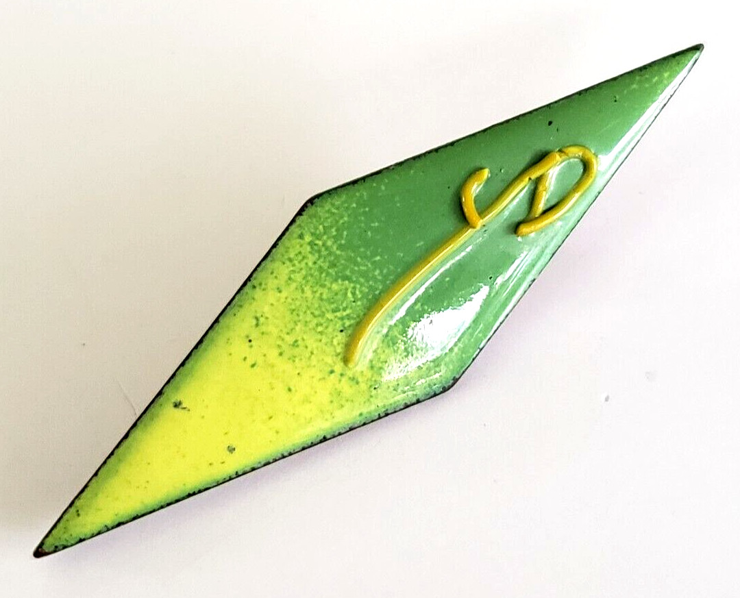 Vintage Lime Green Enamel on Copper Diamond Shaped Pin 1-7/8″