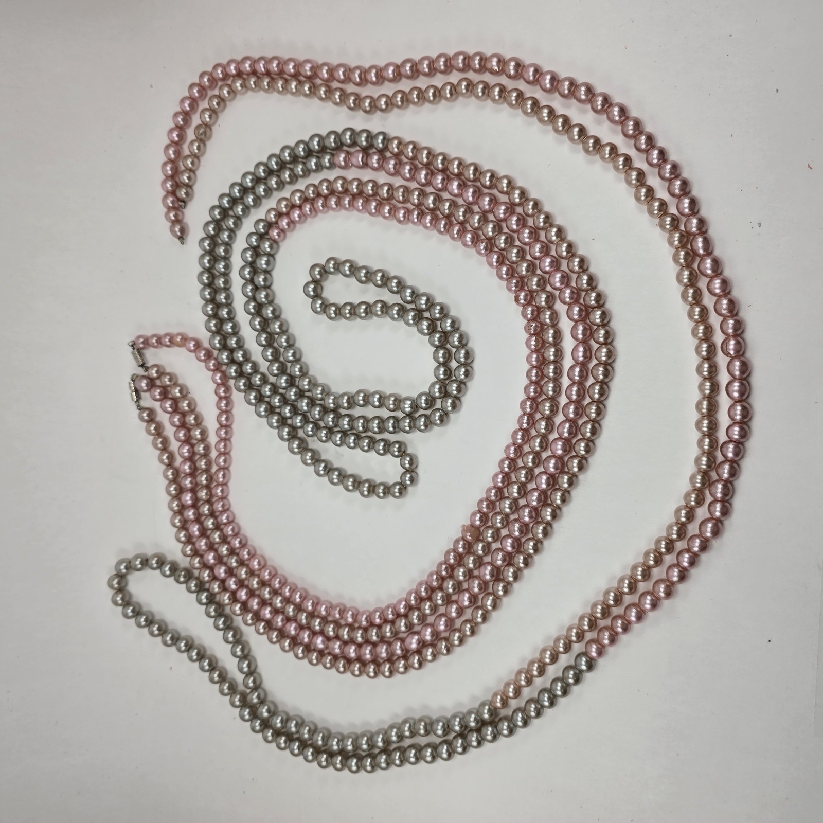 Lot 3 Vtg Opera Length Faux Pearl Necklaces Glass Gray Champagne And Pink