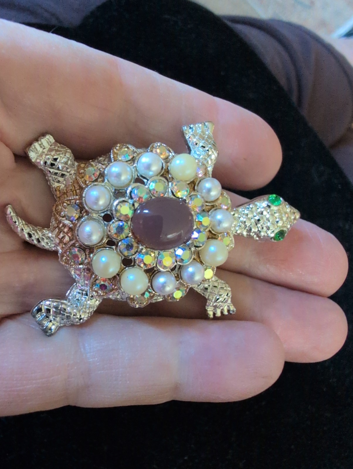 Vintage Turtle Brooch Pin Silver Tone 2.25″ Rhinestone , Pearl, AB