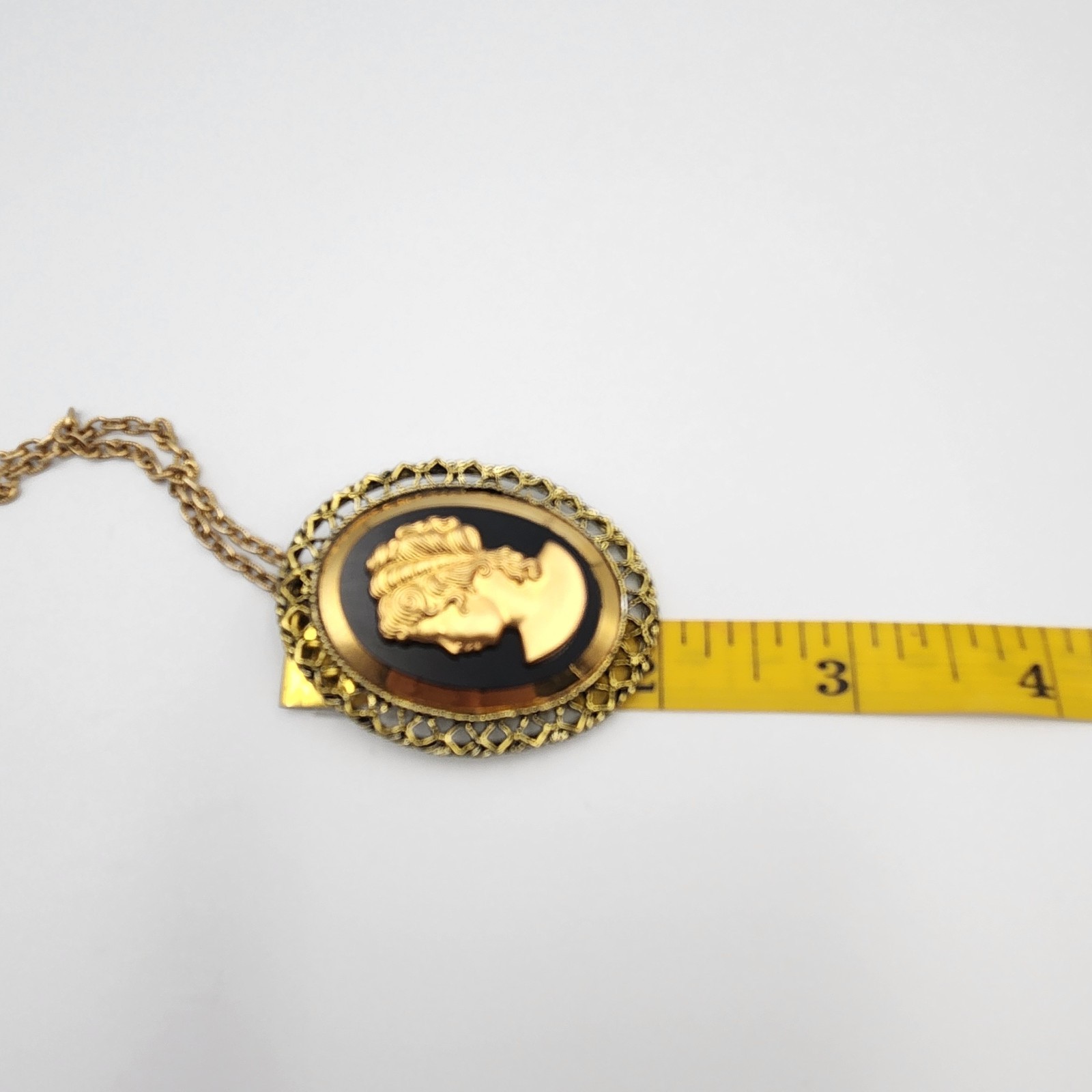 Vintage 50s Gold Tone Chain w/ Black Glass Cameo Pendant/ Brooch & Earrings Set