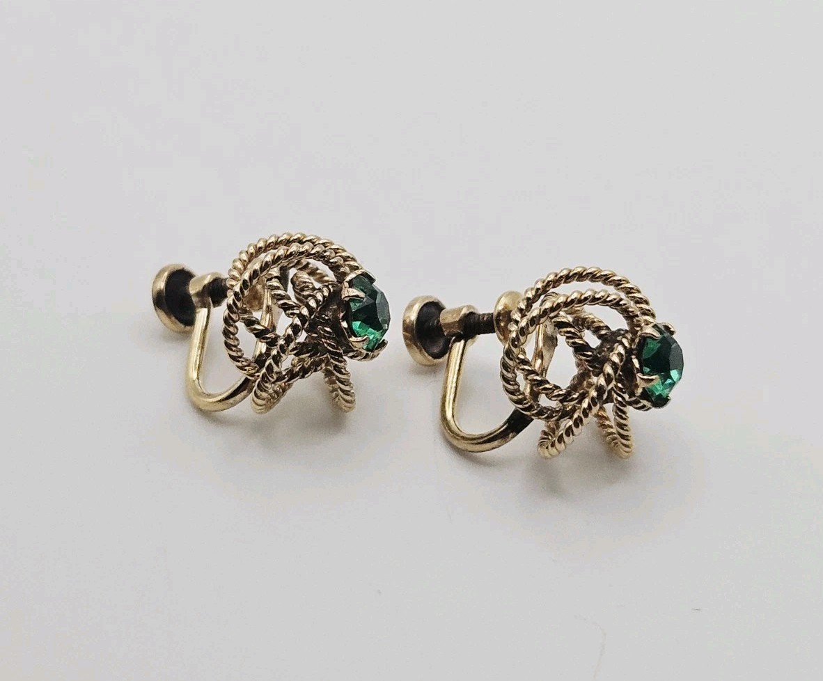 Henry Griffith 12k Gold Filled Antique Green Rhinestone Knot Screw Back Earrings