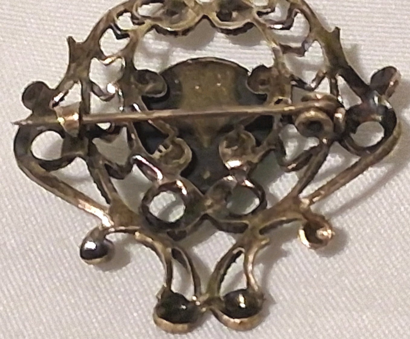 Antique Czech? Bronze Tone Filigree Green Glass Stone C Clasp Estate Sale Read