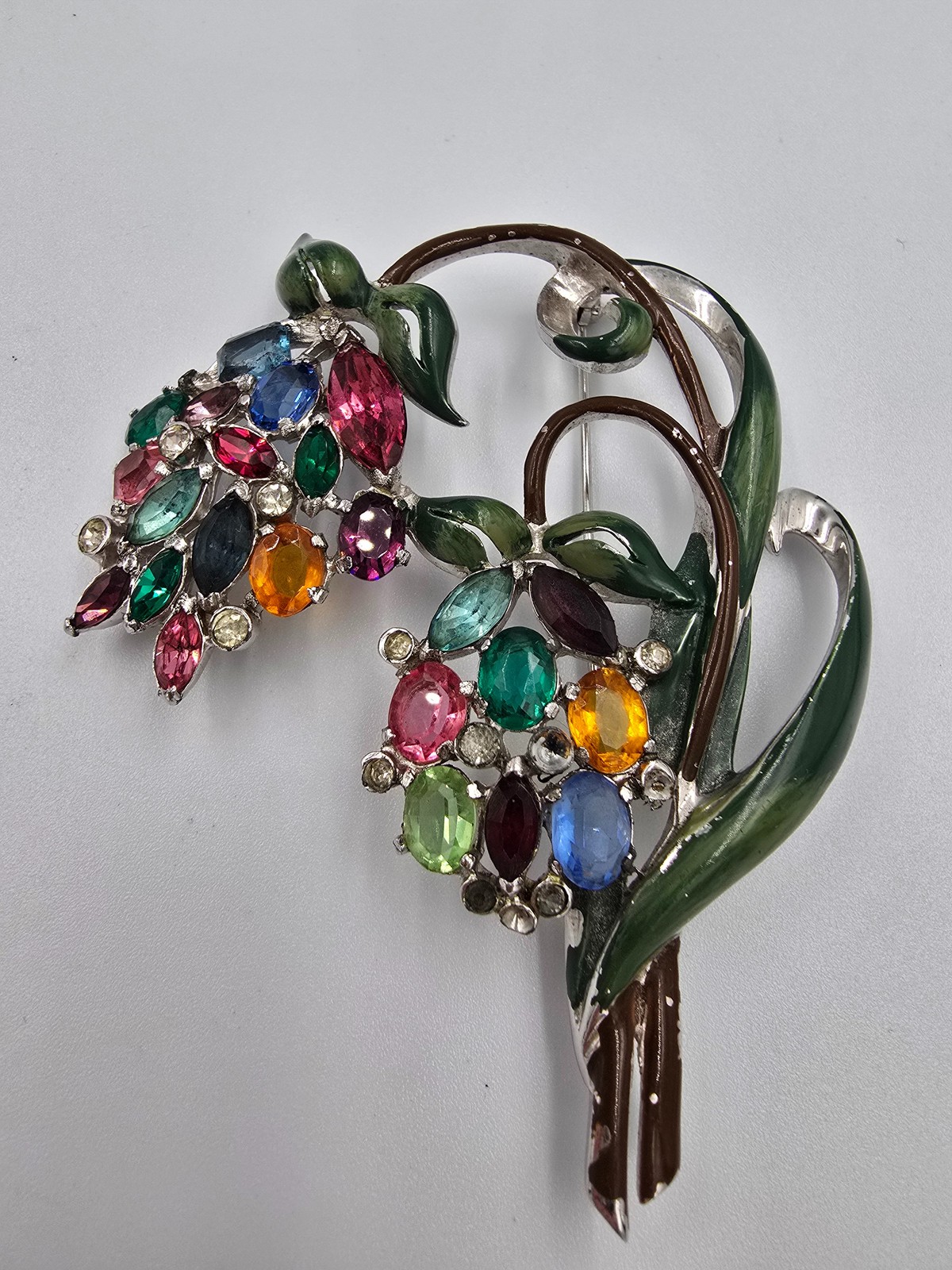 Vintage Enamel Pot Metal Flower Brooch Pin Multicolor Rhinestone Floral Bouquet