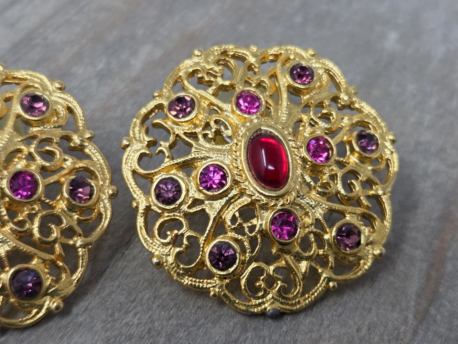 Gold Tone Filigree Earrings w/ Red Cabochons & Purple Pink Rhinestones Vintage