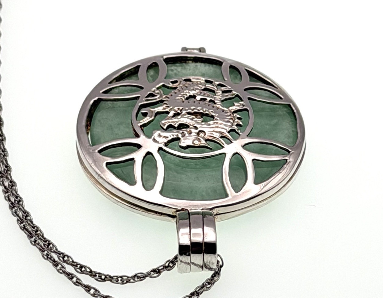 Vintage Sterling Silver Jadeite Jade Dragon Pendant Chinese Necklace 20” Chain