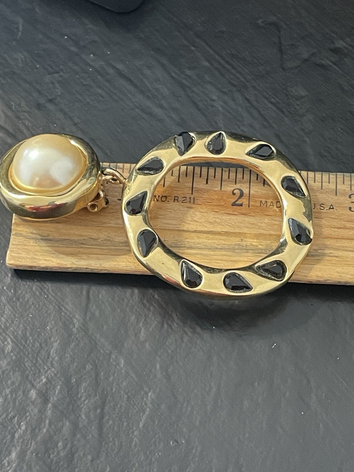 Givenchy Vintage Hoops Earrings Gold Pearl Drop Dangle Black ‘Onyx” Clip Ons