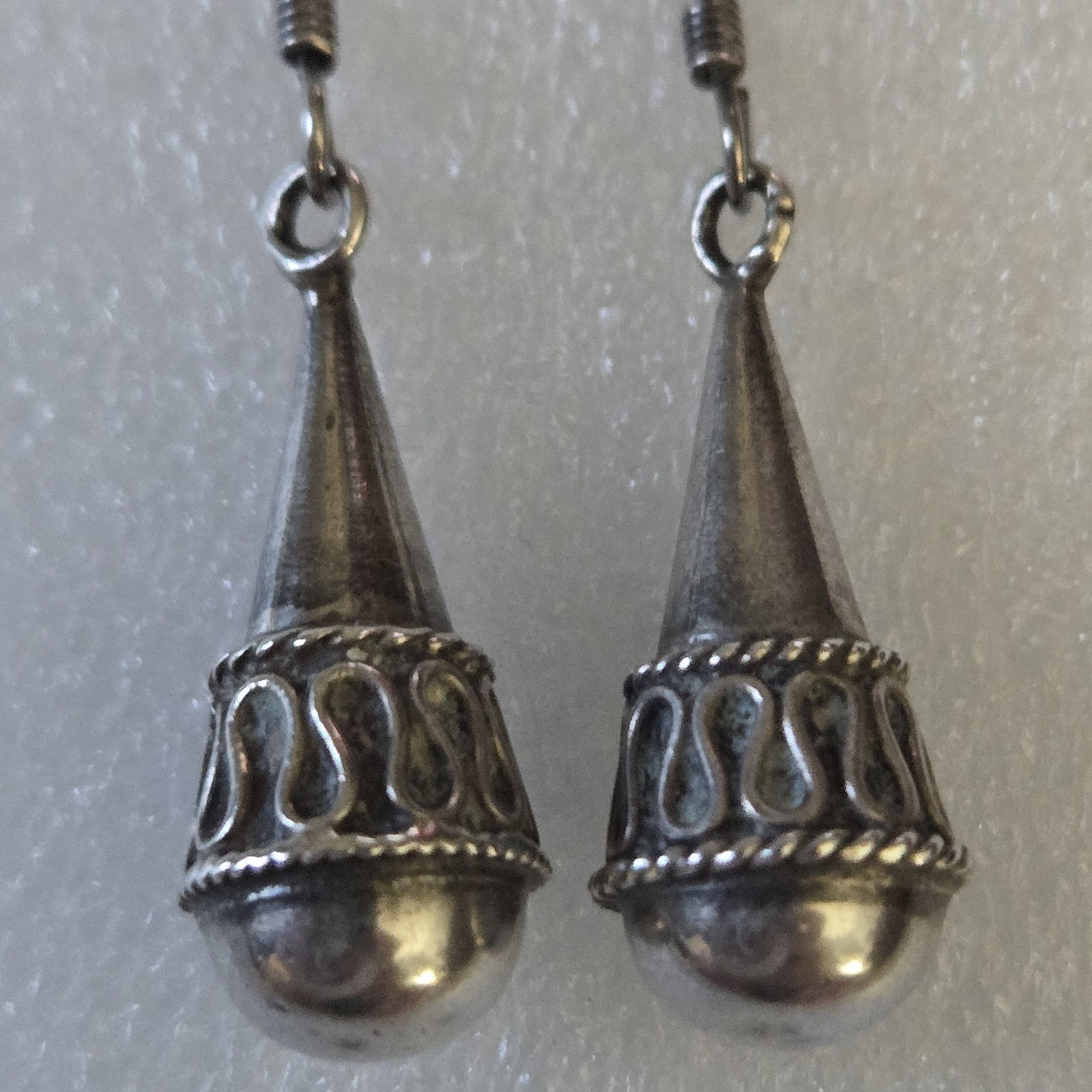 Vintage 925 Sterling Silver Etruscan Cone Drop Dangle Earrings Wirework