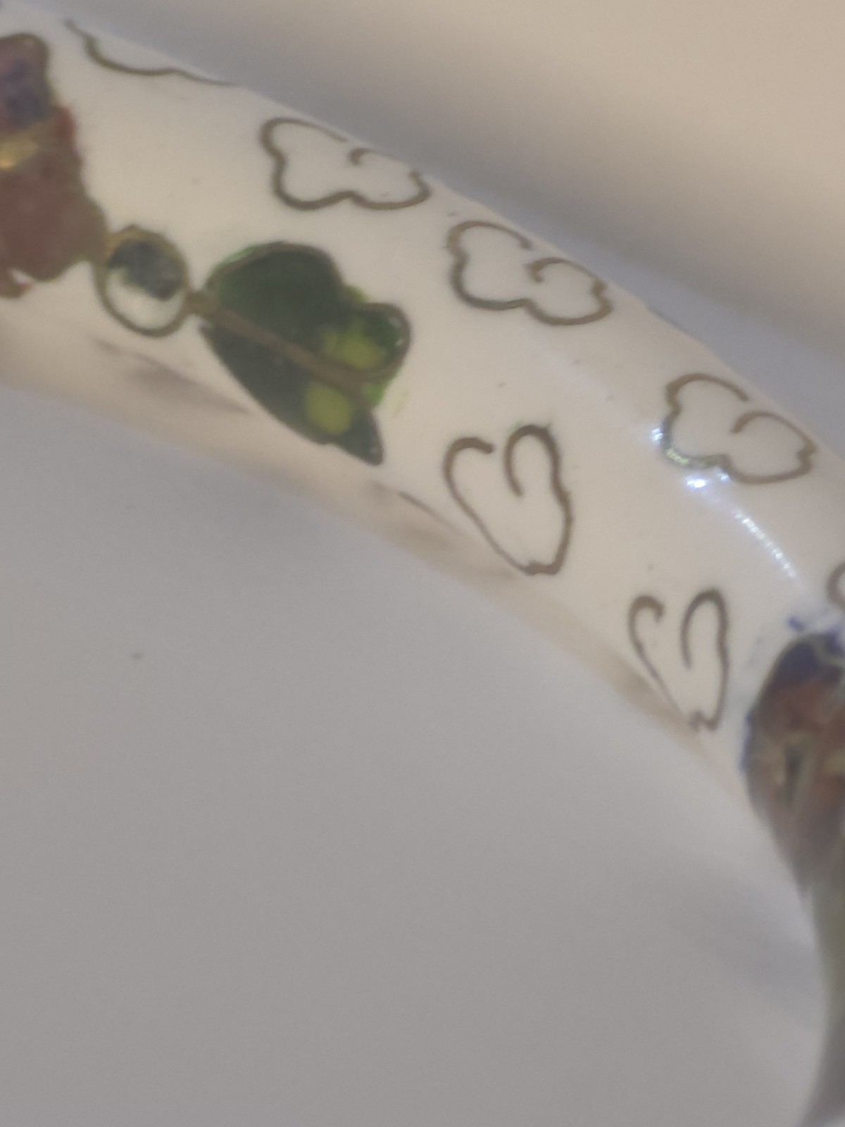 Vintage white Cloisonne bangle bracelet purple red green flower 8″