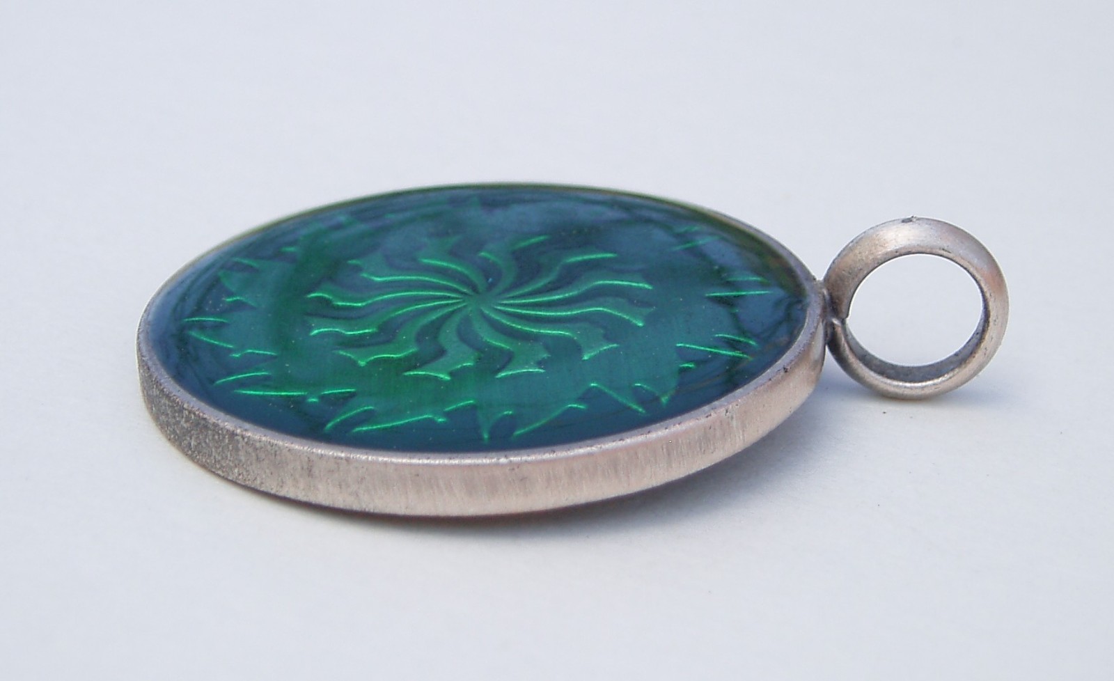 2 Vintage Pendants Epoxy Resin Pewter Metal Large Blue Floral & Green Sun Burst