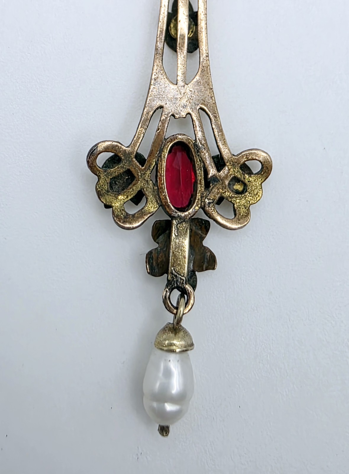 Antique Art Nouveau Lavalier Pendant Necklace Gold Filled Red Stone Pearl
