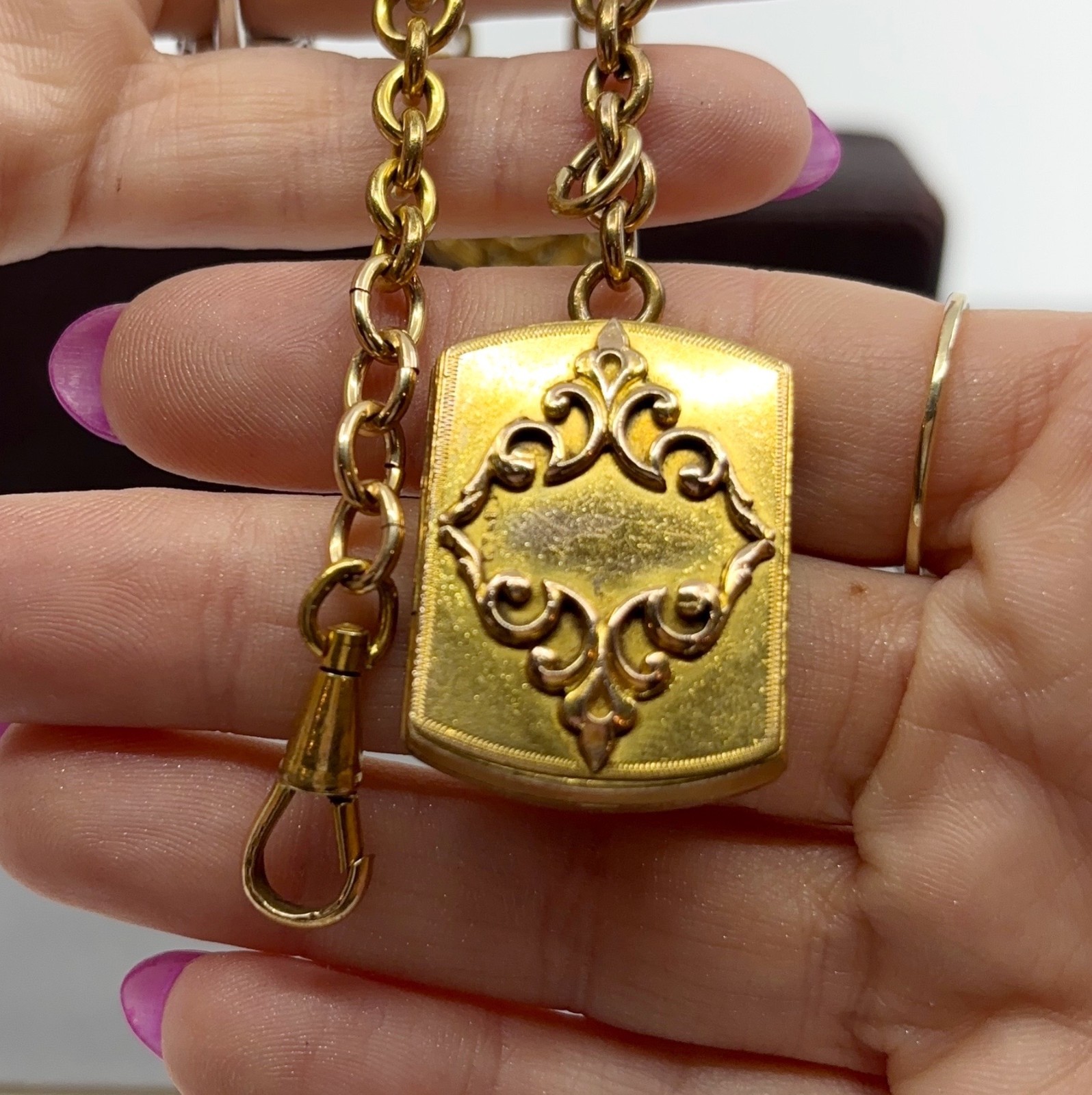 Antique Victorian Gold Filled Watch Chain Fob Locket Necklace Dog Clip